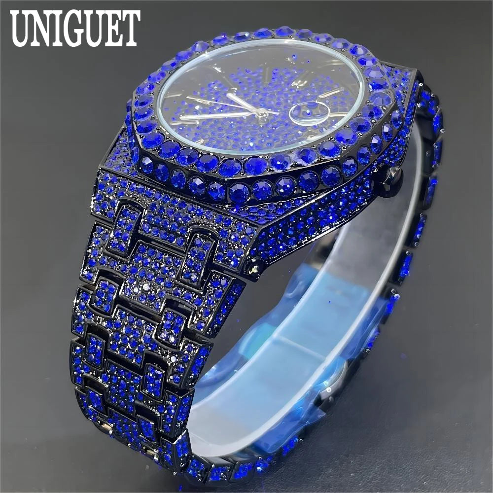 UNIGUET Cool Black Watch For Men Luxury Stainless Steel Quartz Watches Fashion Hip Hop Iced Diamond Wristwatch Man Dropshipping