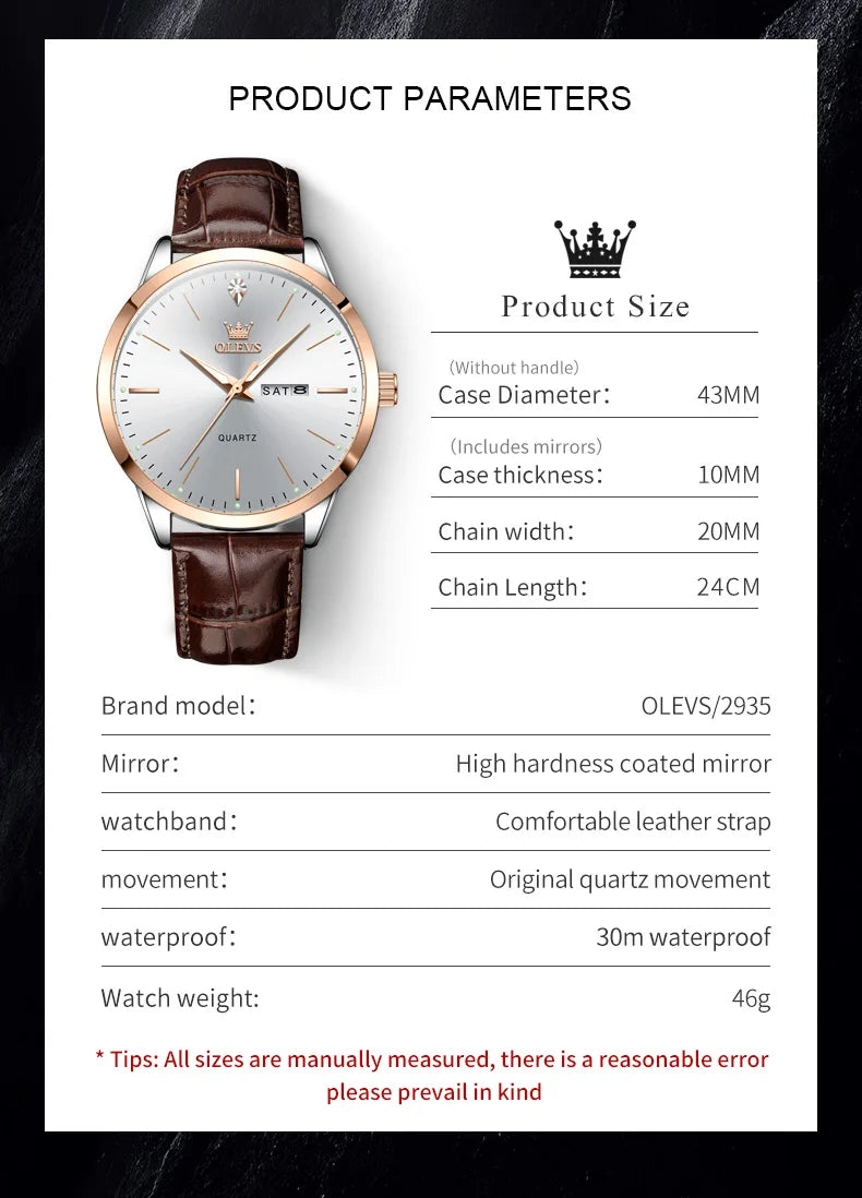 OLEVS 2935 Men Quartz Watch Dual Calendar Luminous Classic Business Watch For Men Fashion Original Waterproof Dress Wristwatch