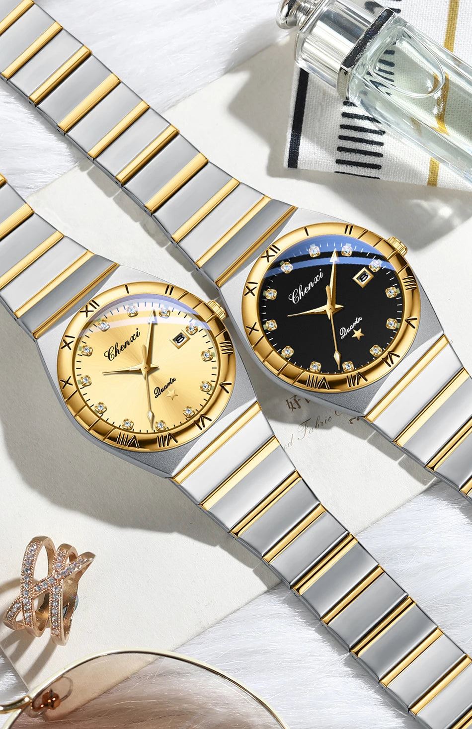 CHENXI Watches For Men Sweep Second Movement See-through Quartz, Waterproof Mens Watch Stainless Steel Golden Wristwatches