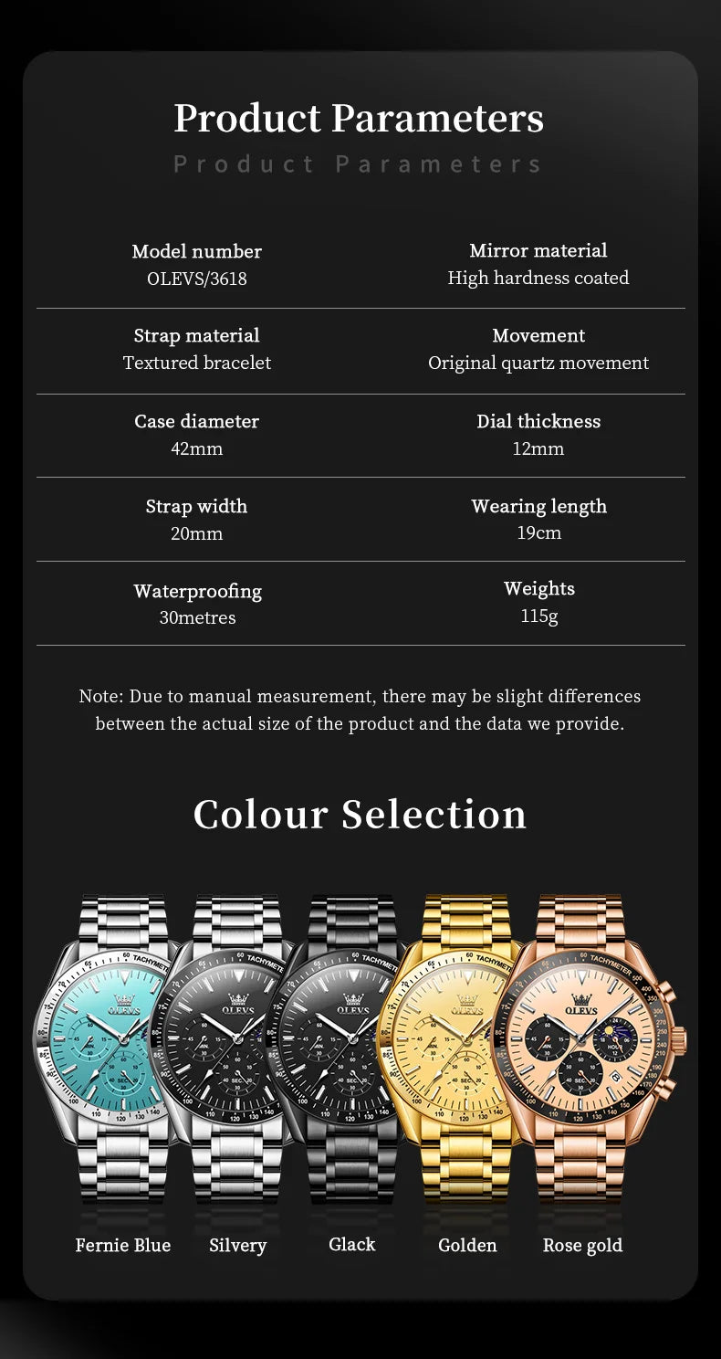 OLEVS 3618 Mens Watch Original Brand Waterproof Luminous Quartz Wristwatch Watch For Man  Multifunctional Chronograph With Box