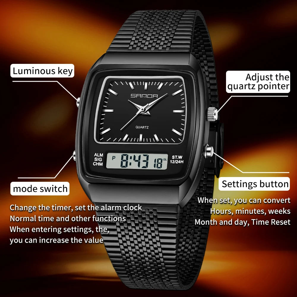 SANDA Outdoor Dual Display Men's Watch Luminous Waterproof TPU Strap Large Dial Chronograph Calendar Sports Wristwatch