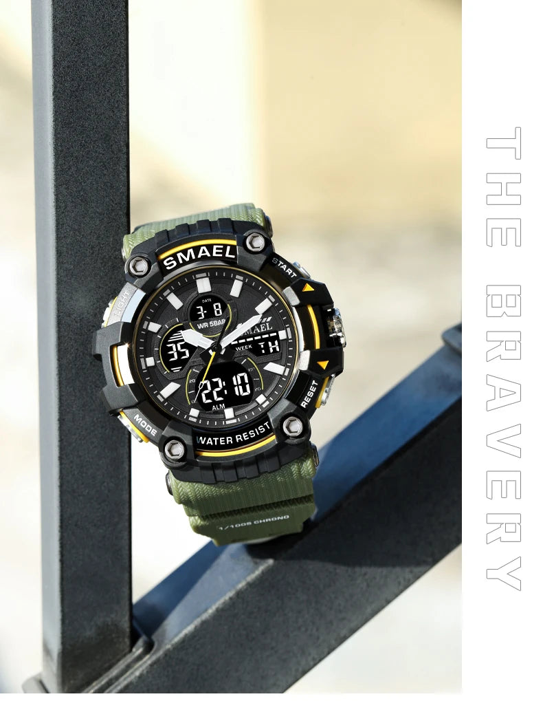 SMAEL Brand Sport Watch Men Quartz Wristwatches Waterproof Dual Time Display Military Army Green Male Clock 8079 Mens Watches