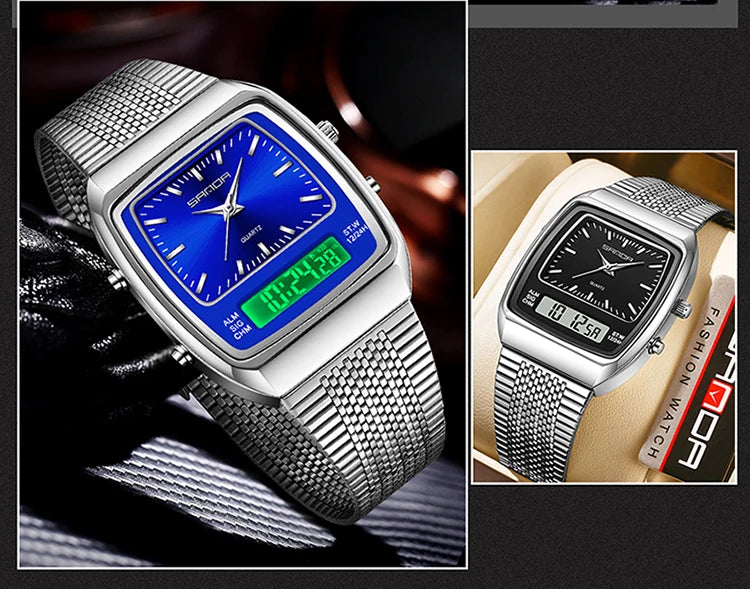 SANDA Outdoor Dual Display Men's Watch Luminous Waterproof TPU Strap Large Dial Chronograph Calendar Sports Wristwatch