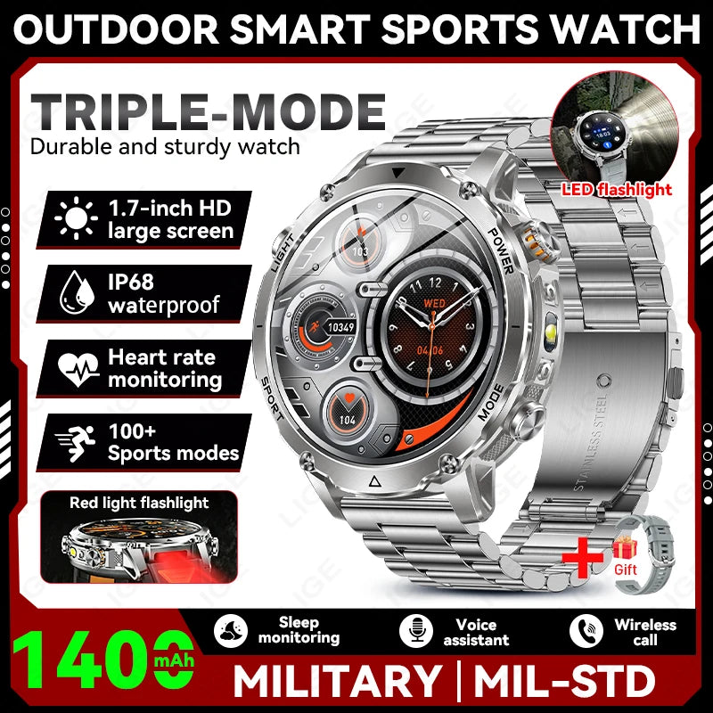 LIGE 2026 Military 1400mAh Battery Smart Watch Men Outdoor Flashlight IP68 Waterproof Heart Rate Bluetooth Call Sports Bracelet