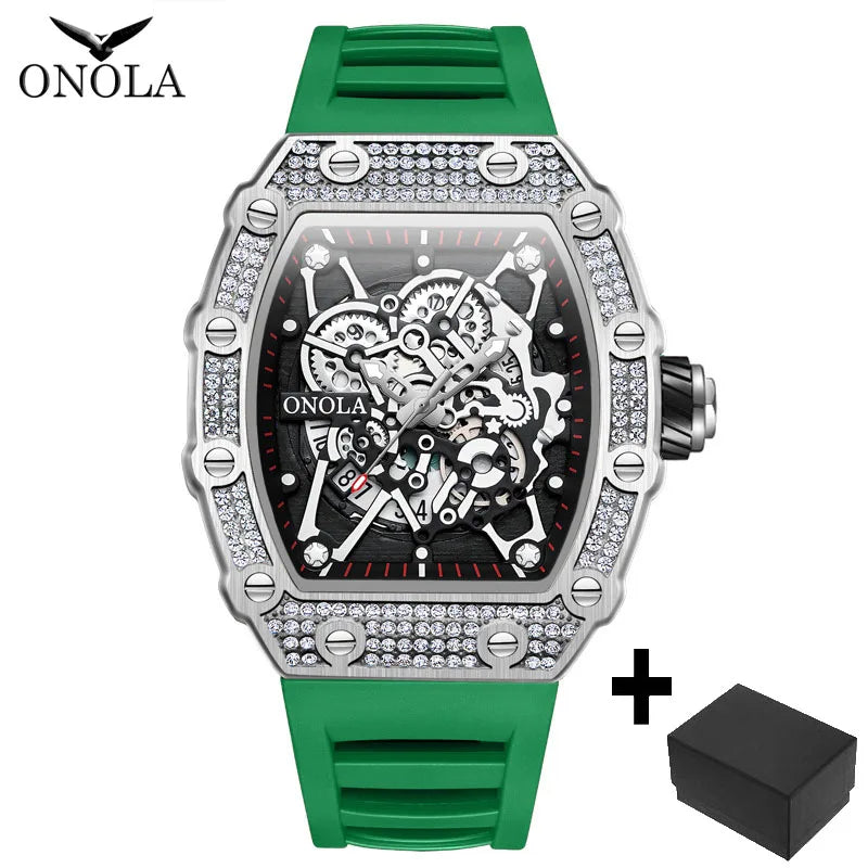 ONOLA Fashion Watch For Men Automatic Date Sports Silicone Strap Tonneau Clock Iced Diamond Quartz WristWatch Reloj Dropshipping
