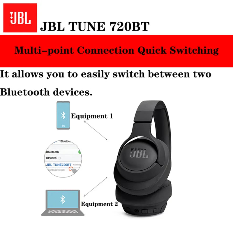 JBL TUNE 720BT Original Authentic Wireless Bluetooth Over-ear Style Headphones Foldable Multi-point Connection for Sports Music