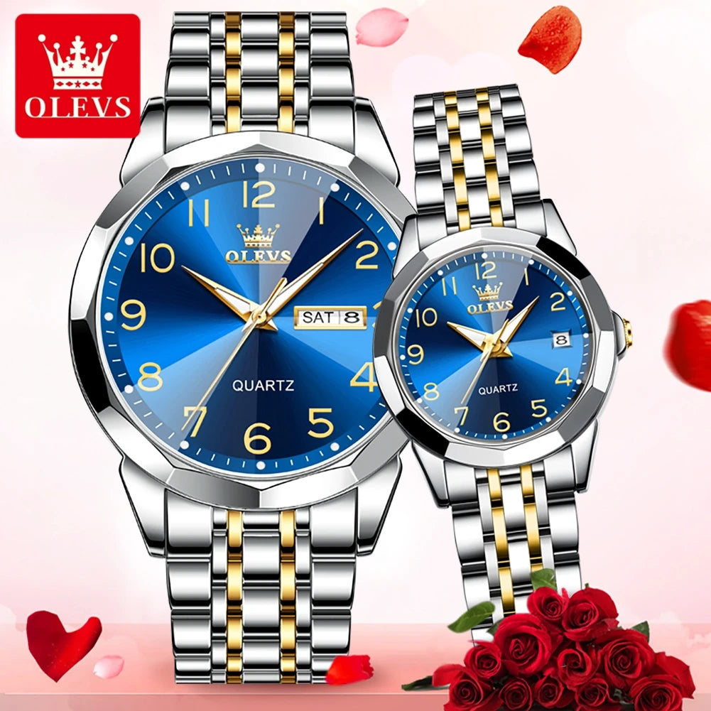 OLEVS 9970 Couple Watch For Men Women Luxury Number Dial Rhombus Mirror Quartz Hand Clock Stainless Steel Original Dress Watches