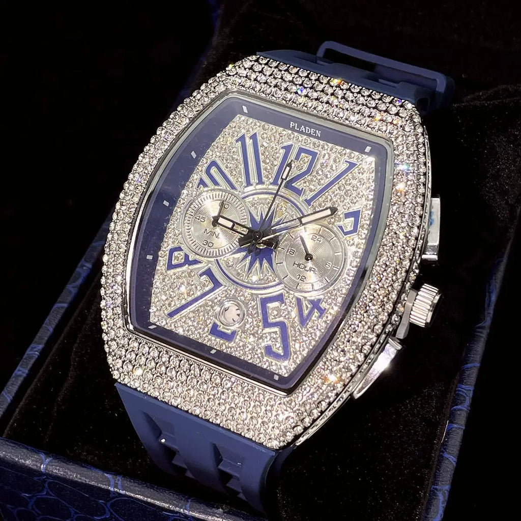 PLADEN Fashion Iced Out Watches Men Casual Blue Silicone Strap Quartz Wristwatch Man's Luxury Diamond Bling Tonneau Clocks 2026