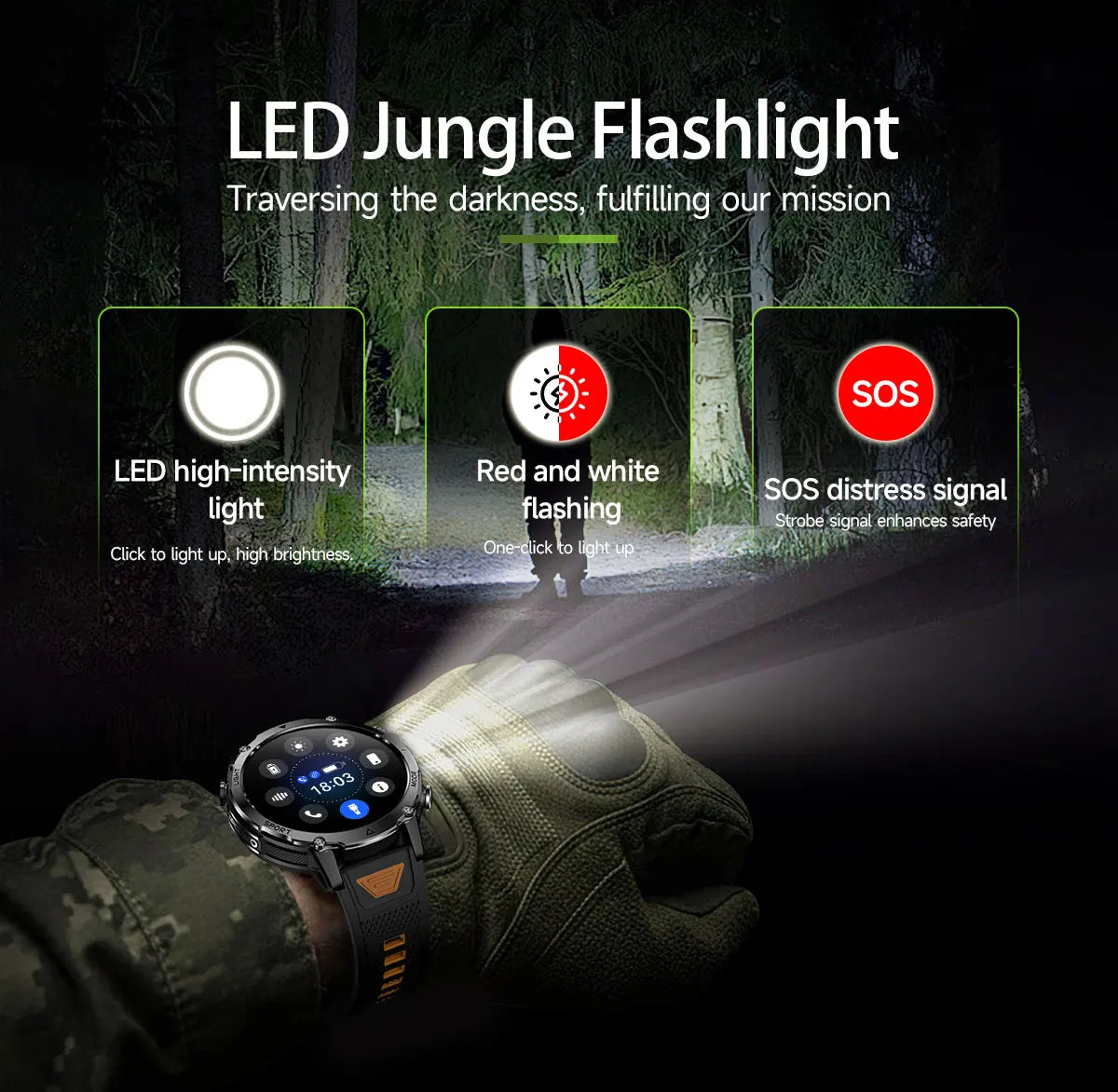 2026 New Military 1400mAh Battery Smart Watch Men Outdoor Flashlight 10ATM Waterproof Heart Rate Bluetooth Call Sports Bracelets