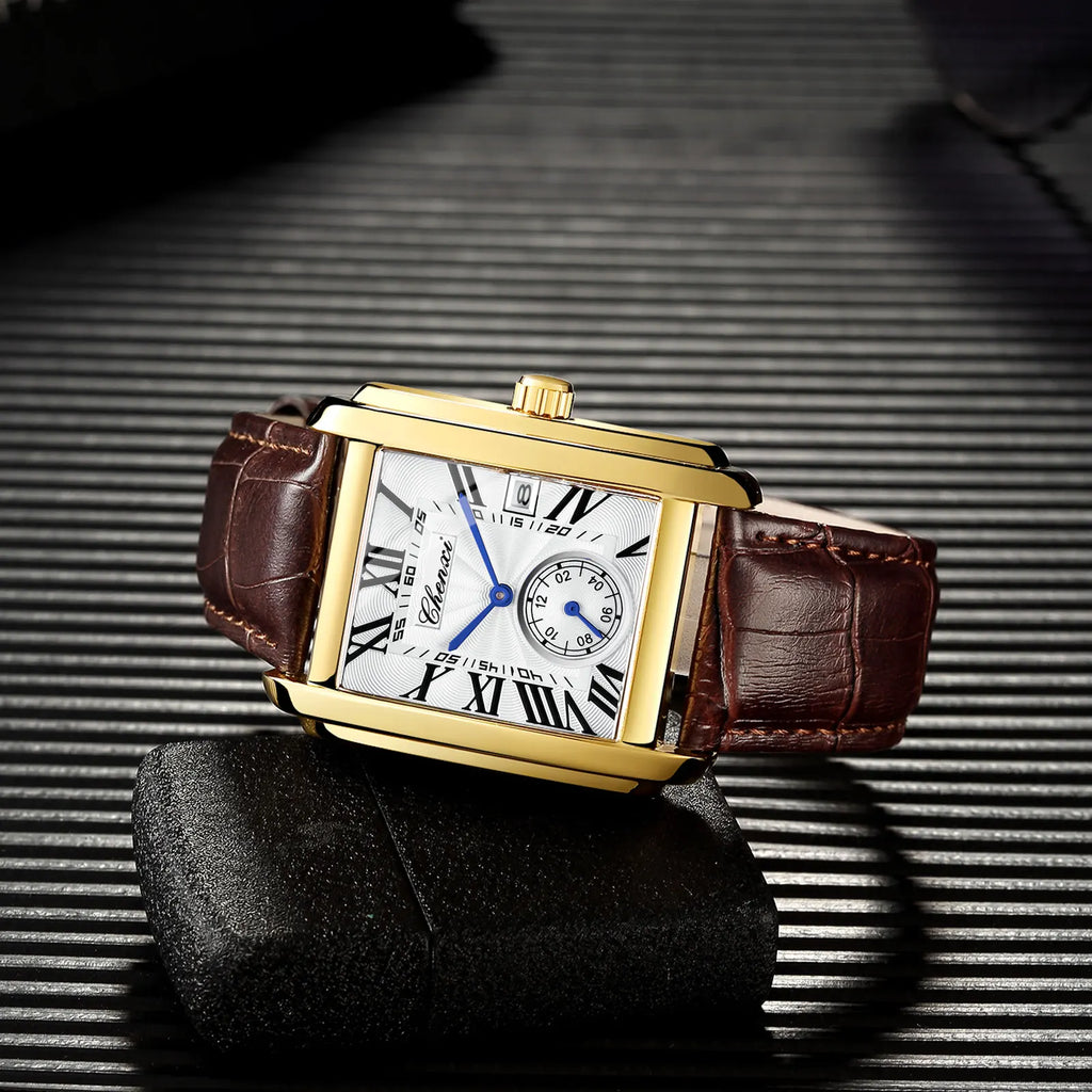 2025 New Business Men's Watch Fashion Square Roman Numeral Dial Waterproof Brown Leather Male Casual Fashion Date Quartz Watches