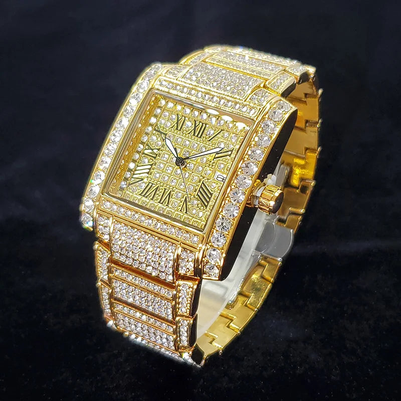 Luxury Brand Mens Silver Stainless Steel Quartz Watch Hip Hop Full Diamond Rectangle AAA Quality Fashion Wristwatch for Men 2025