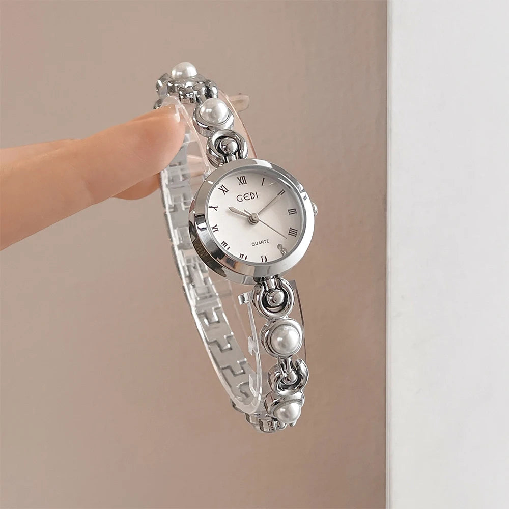 GEDI New Fashion Watch for Women Pearl Chain Temperament Wristwatches Vintage Luxury Elegant Waterproof Quartz Watches Ladies