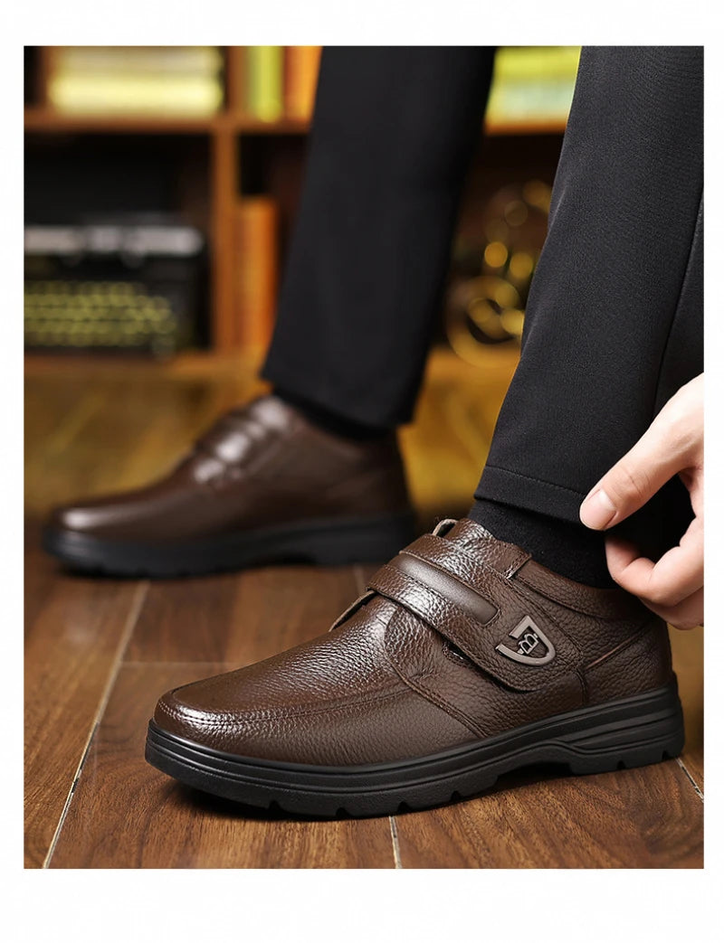 Mens Brown Litchi Grain Genuine Leather Casual Shoes Soft Sole Comfortable Walking Sneakers For Middle Aged Dad And Elderly