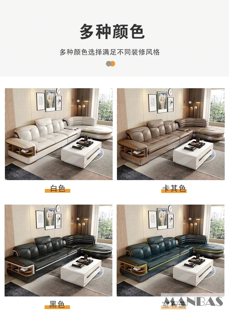 MANBAS Luxury L-Shaped Genuine Leather Sectional Sofa Sets with USB, Bluetooth Speaker - Living Room Italian Leather Couches