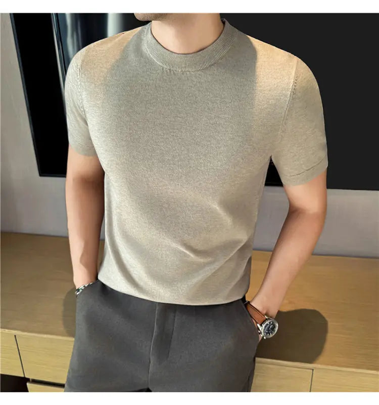 High-quality Men's Short-sleeve Knitted Sweater T-shirt O-Neck Solid Color Men Pullover T Shirts Slim Fit Stretch Undershirt Top