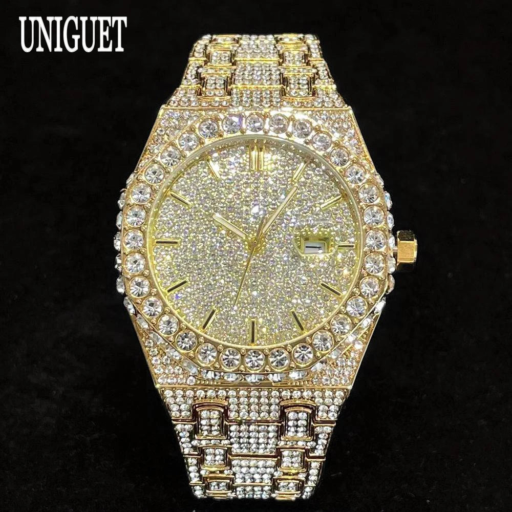 UNIGUET Fashion Iced Out Watch Mens Luxury Waterproof Quartz Watch For Man Hip Hop High Quality Big Diamond Wristwatch Hot Sale