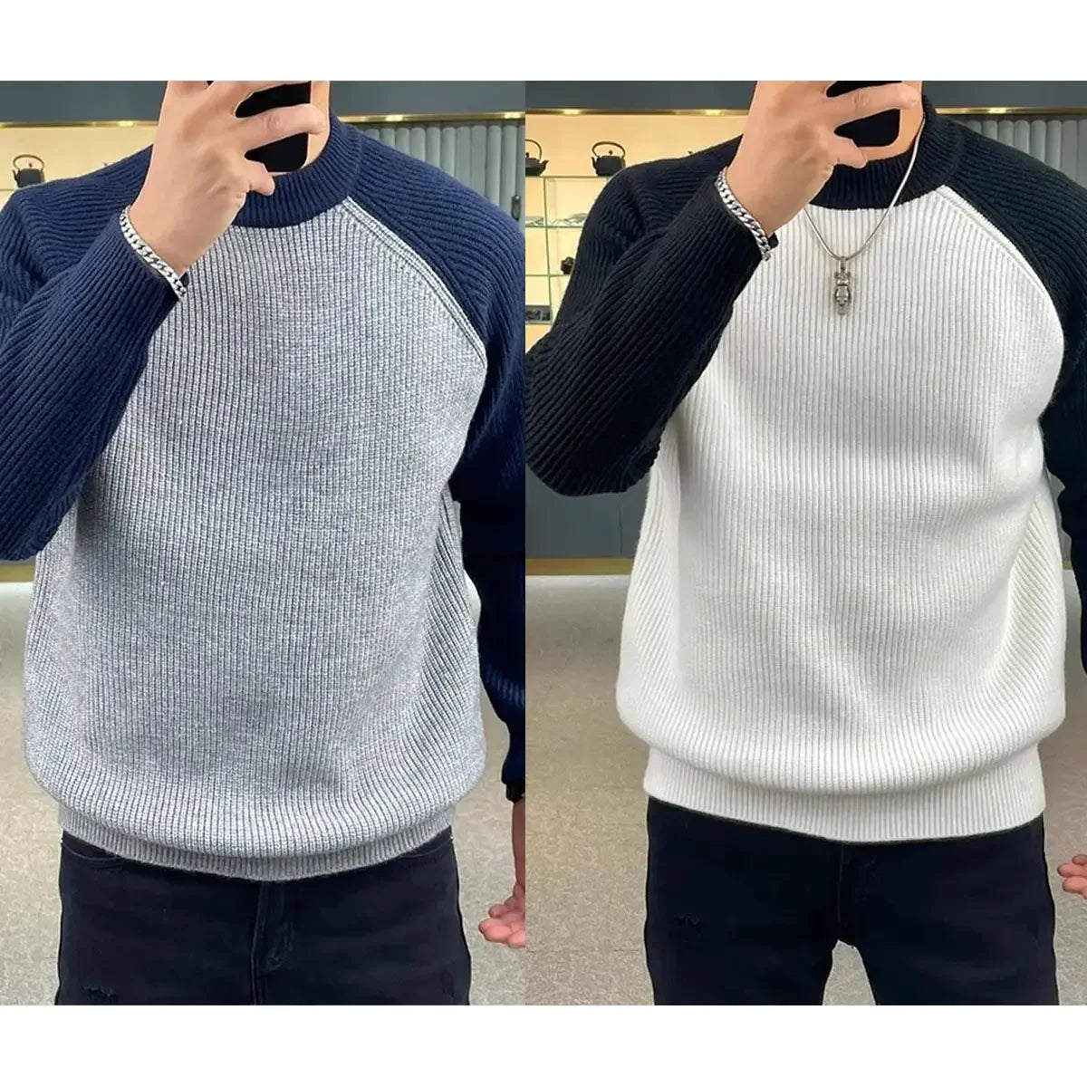 Autumn Winter Mens Sweaters Casual Warm Loose Fashion Patchwork Pullover Retro Harajuku Round Neck Knitted Bottoming Shirt