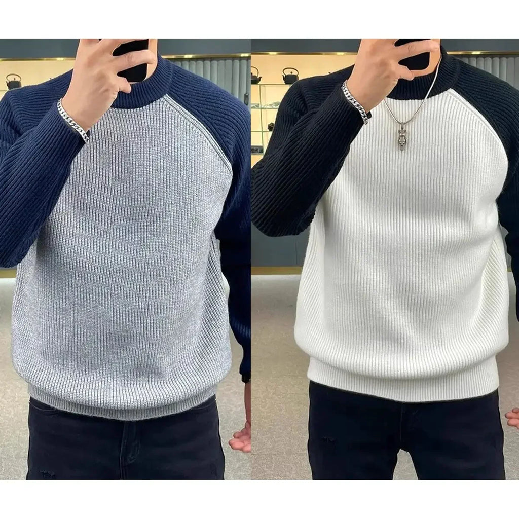 Autumn Winter Mens Sweaters Casual Warm Loose Fashion Patchwork Pullover Retro Harajuku Round Neck Knitted Bottoming Shirt