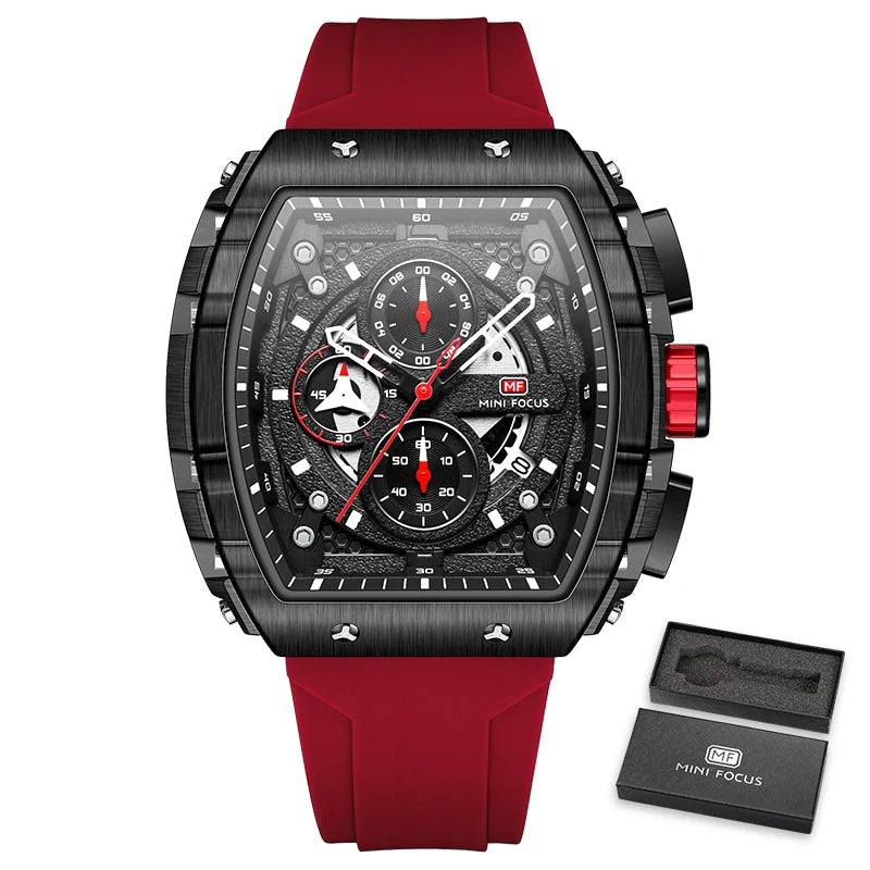 MINI FOCUS Chronograph Quartz Watches for Men Military Sport Silicone Strap Waterproof Wristwatch with Tonneau Dial Auto Date