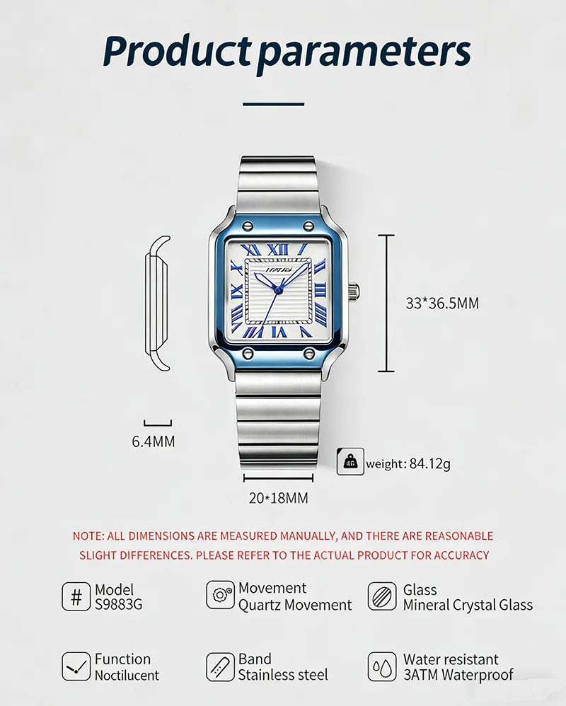 Square Quartz Watch Men Stainless Steel Waterproof Business Wristwatch Male Clock Relogio Masculino