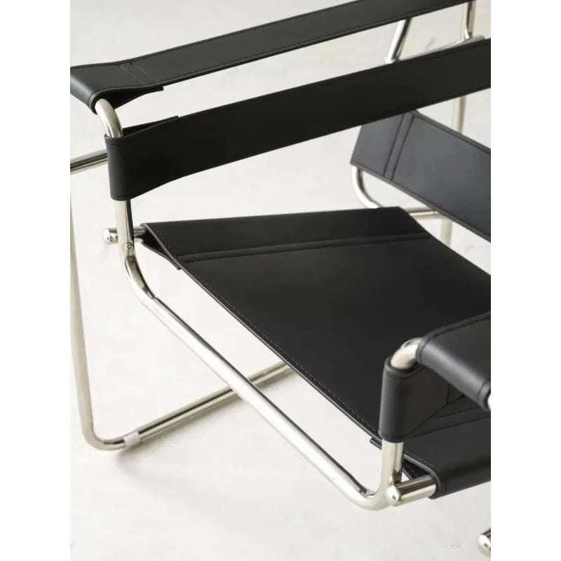 Mid Century Modern Leather Sling Chair Bauhaus Tubular Steel Minimalist Lounge Armchair