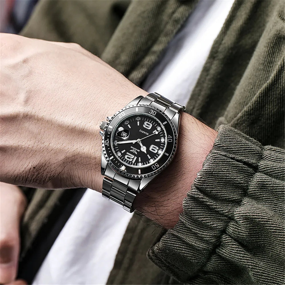 Men Black luxury Brand Sport Calendar Quartz Watch Stylish Silver Stainless Steel Strap Business Men's Clock Wristwatches