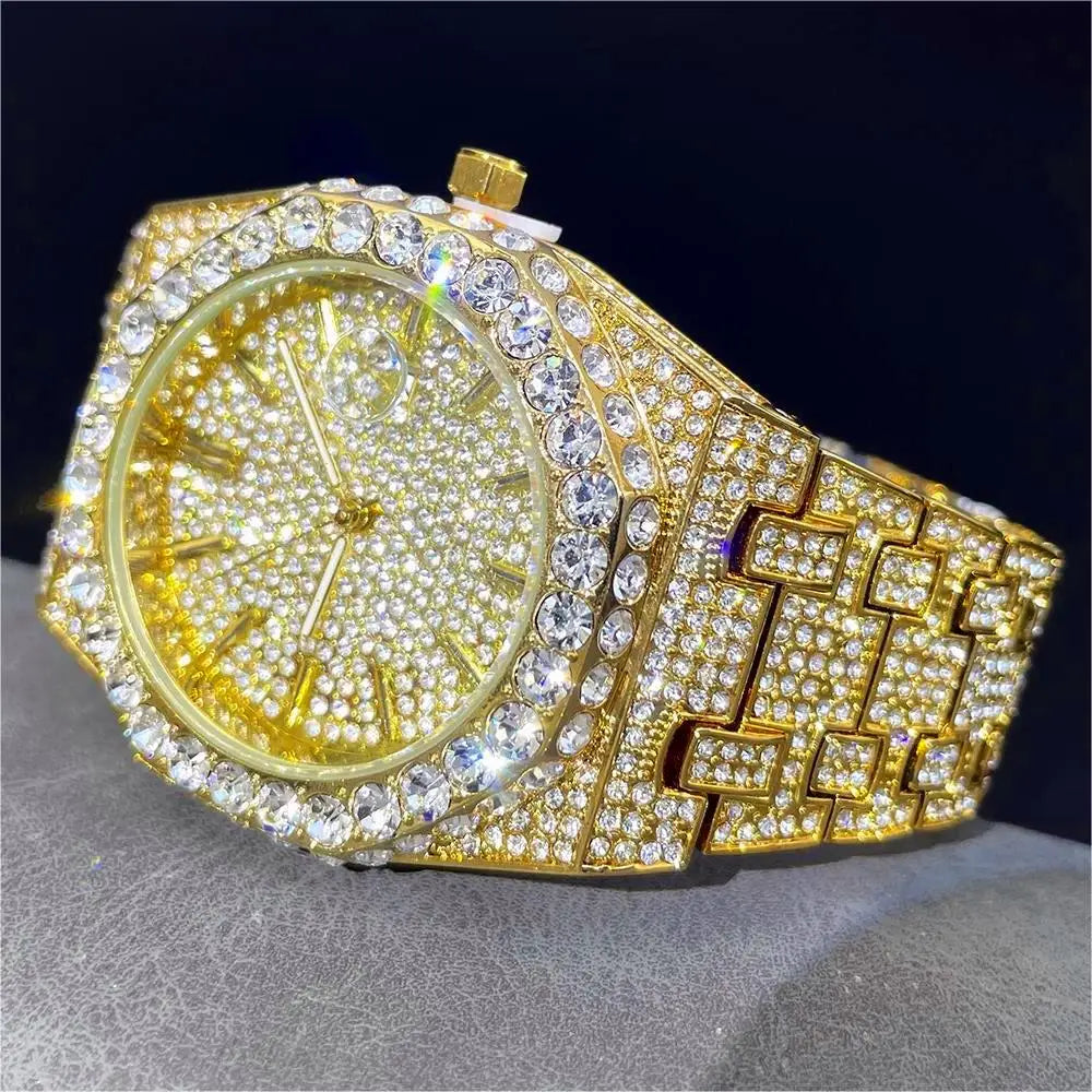 UNIGUET Cool Black Watch For Men Luxury Stainless Steel Quartz Watches Fashion Hip Hop Iced Diamond Wristwatch Man Dropshipping