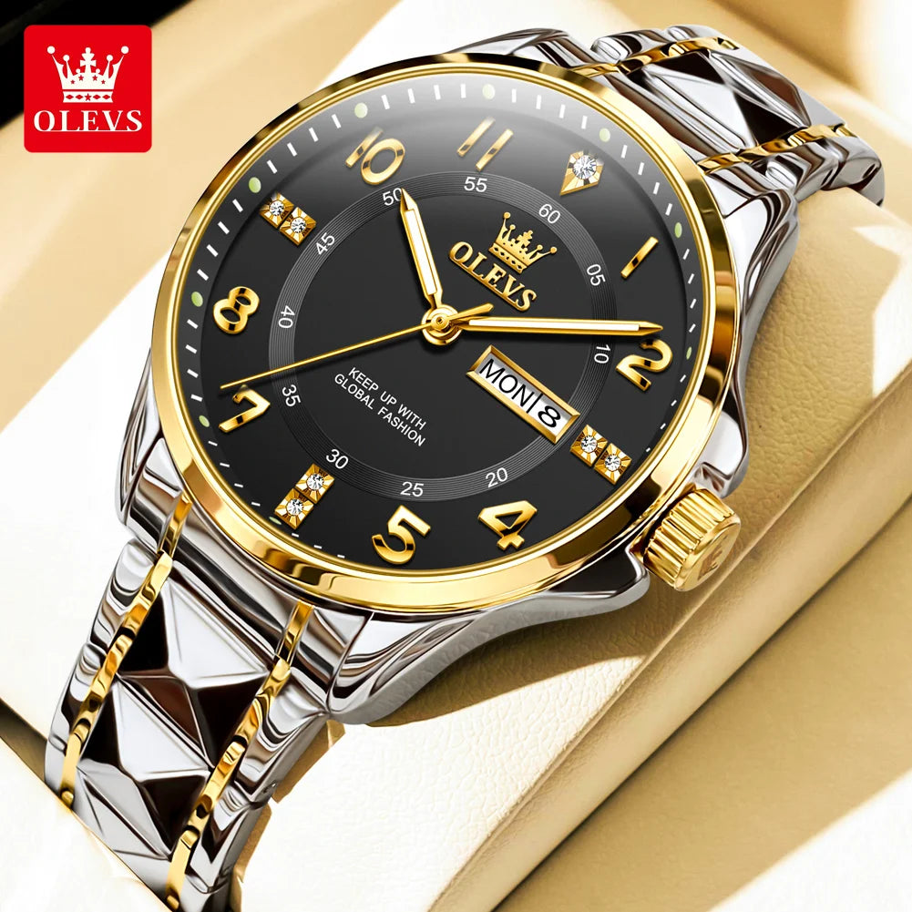 OLEVS 2910 Luxury Men Women Couple Watch Dual Calendar Display Waterproof Stainless Steel Clock Gold Diamond Couple Quartz Watch