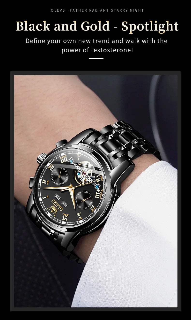 OLEVS 6607 Fully Automaitc Watches Stainless Steel Skeleton Flywheel Dual Calendar Top Luxury Brand Men's Mechanical Wristwatch