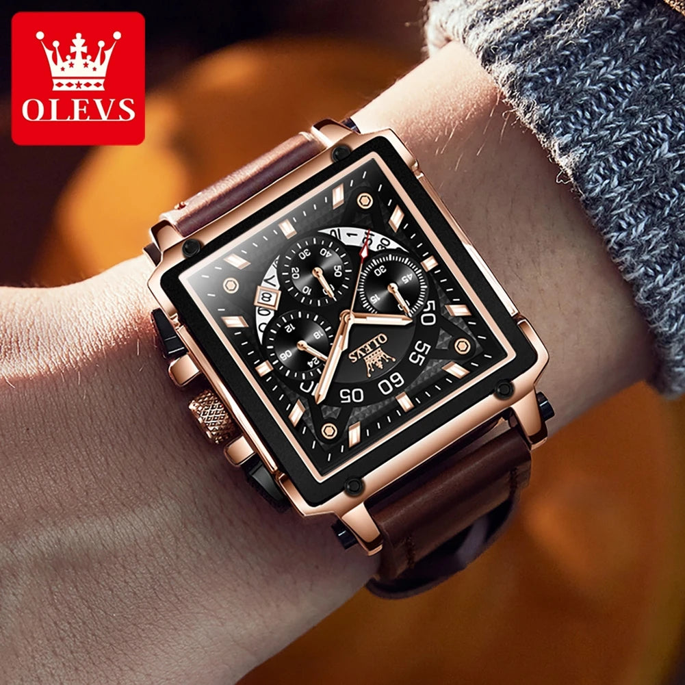 OLEVS Mens Watch Square Quartz Watch Multifunctional Business Watches For Man Waterproof Luminous Box Gift Leather Strap 9919