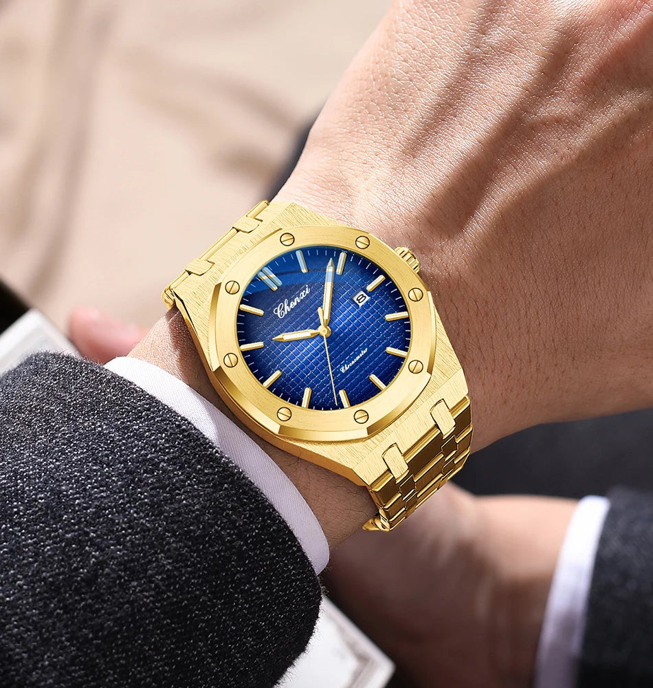 CHENXI NEW Men's Watches Fashion Casual Luminous Date Quartz Watch Male Clock Gifts 42mm Dial Gold Wristwatch Waterproof