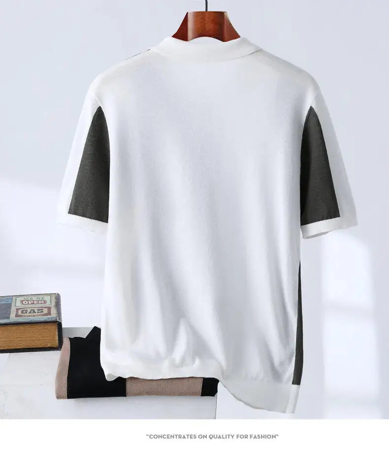 High-quality Color Blocked Striped Knitting Men's Polo Shirts Summer Thin Ice Silk Breathable Lapel T-shirt Business Casual Tees