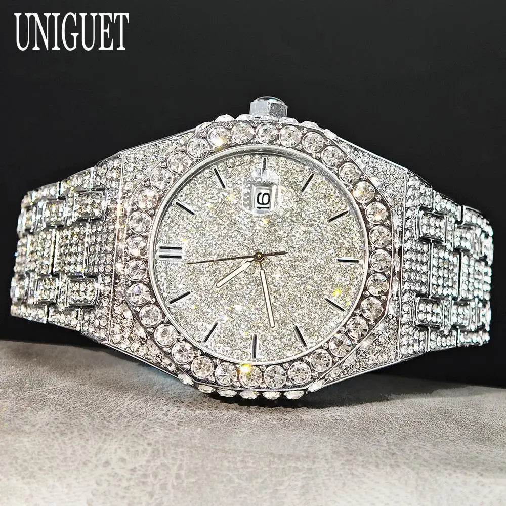 UNIGUET Fashion Iced Out Watch Mens Luxury Waterproof Quartz Watch For Man Hip Hop High Quality Big Diamond Wristwatch Hot Sale
