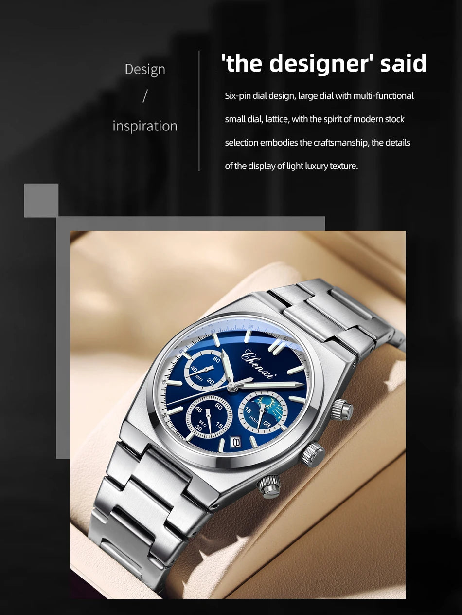 Men's Watches CHENXI 2025 High Quality Sports Chronograph Date Quartz Wristwatch Men's Watch Stainless Steel Waterproof Luminous