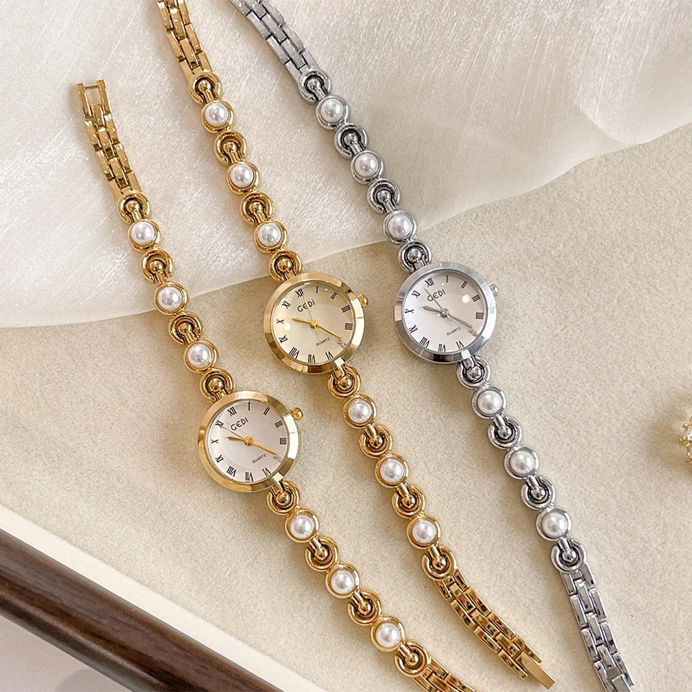 GEDI New Fashion Watch for Women Pearl Chain Temperament Wristwatches Vintage Luxury Elegant Waterproof Quartz Watches Ladies