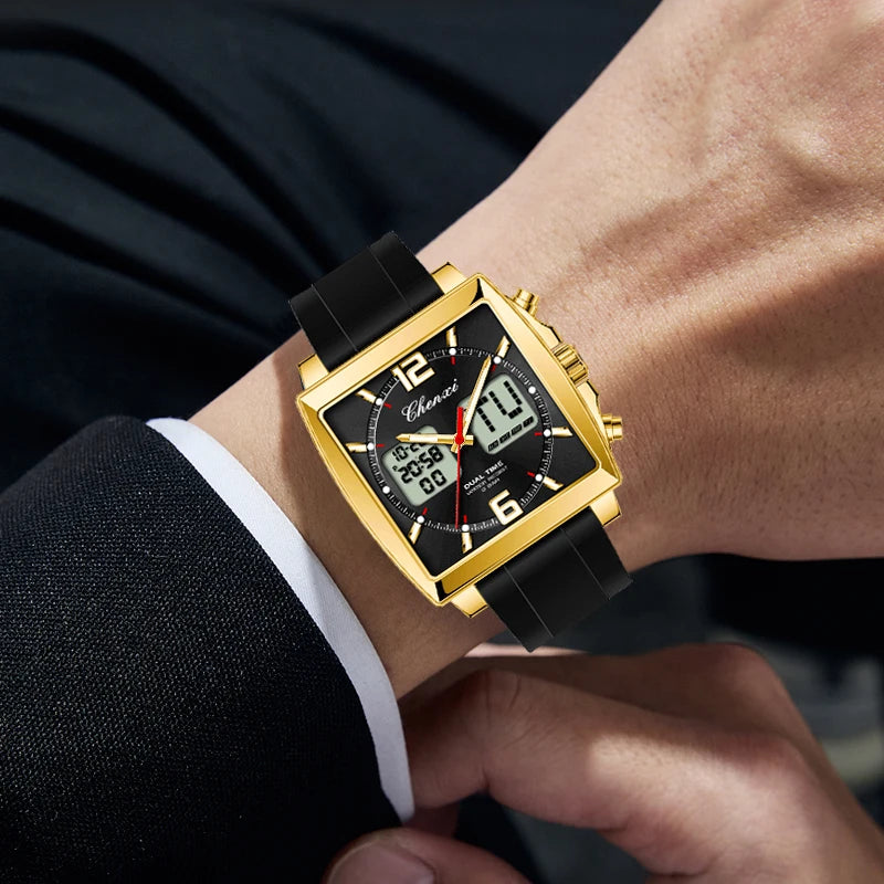 Fashion Casual Men Sports Watch Square Dial Dual Time CHENXI Watches Silicone Strap Waterproof Multifunction Wristwatch Male