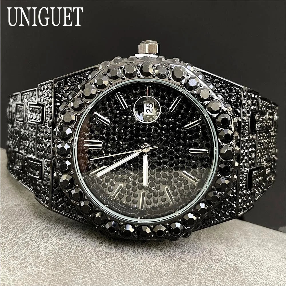 2025 New Luxury Brand UNIGUET Iced Watch For Men Fashion Hip Hop Diamond Waterproof Stainless Steel Wristwatch Male Dropshipping