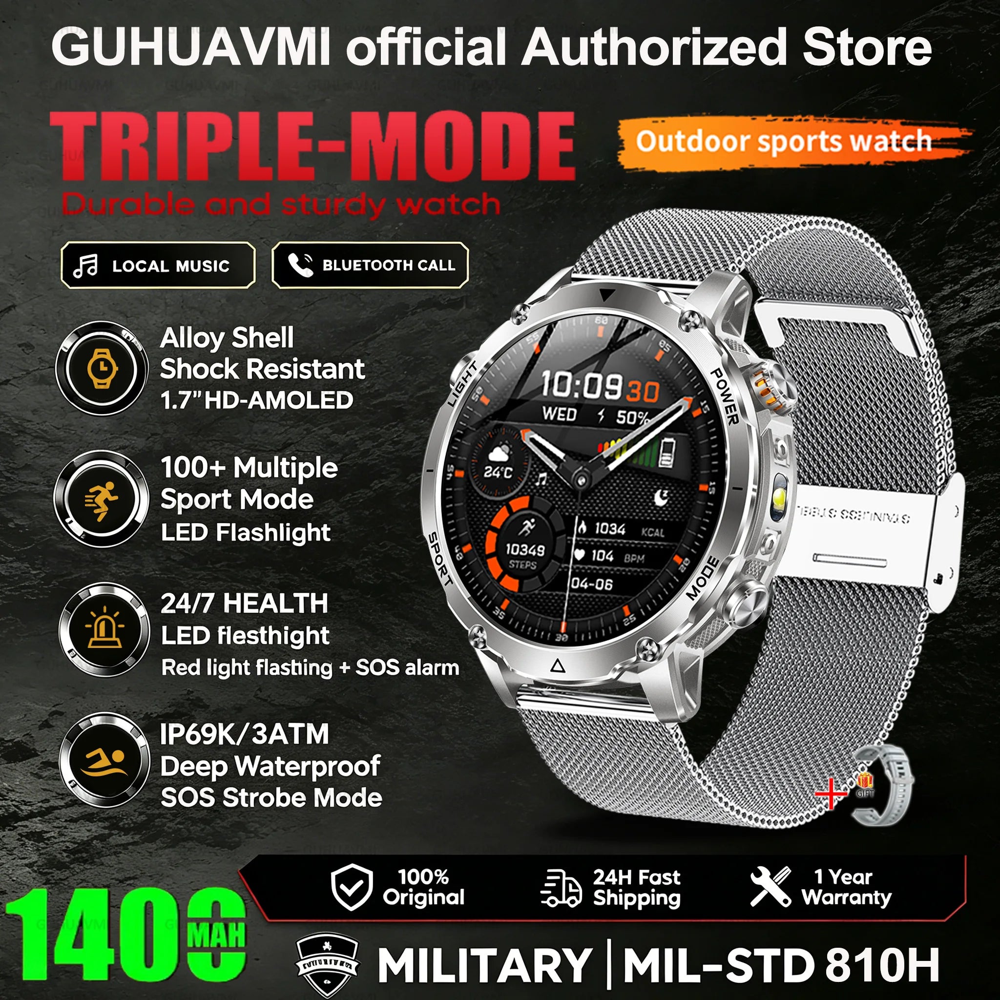 2026 New Smart Watch Bluetooth Call 1400mAh Large Battery Sport Heart Rate 1.7" Military Outdoor Men Smartwatch For Android IOS