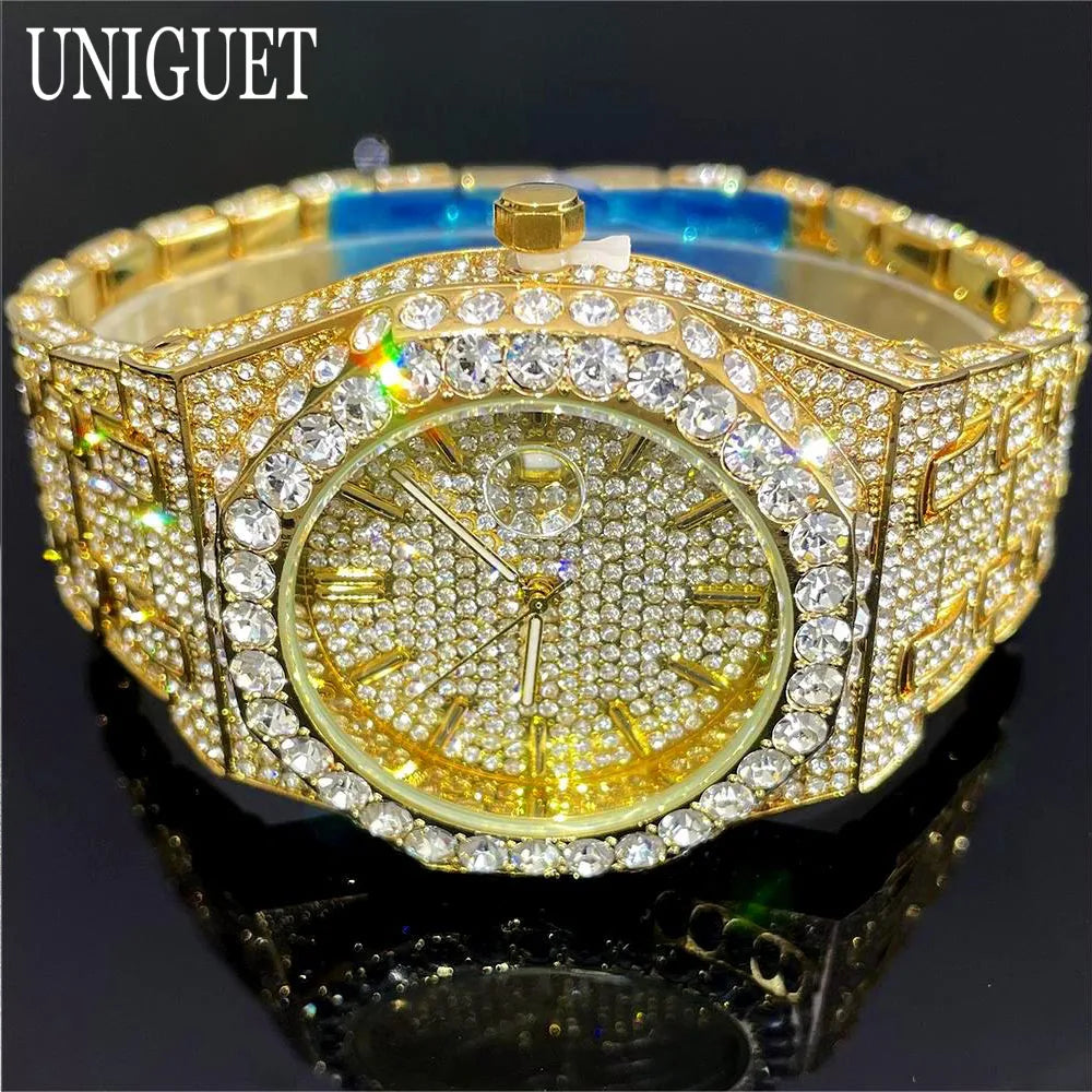 2025 New Luxury Brand UNIGUET Iced Watch For Men Fashion Hip Hop Diamond Waterproof Stainless Steel Wristwatch Male Dropshipping