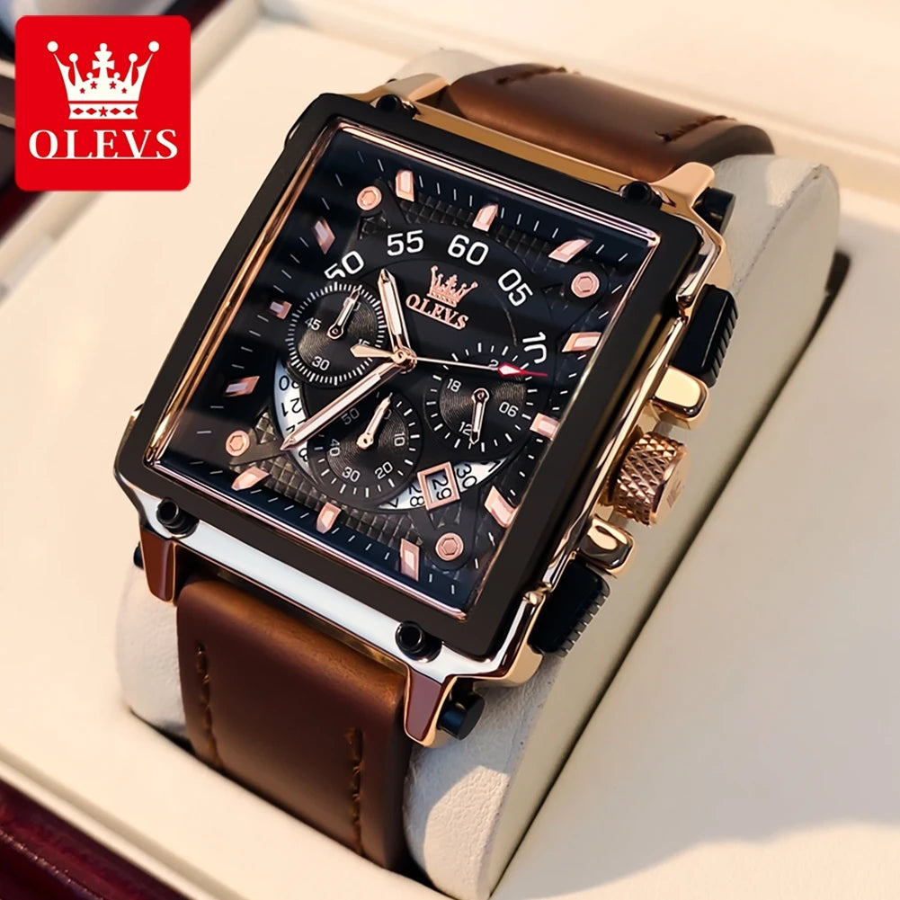 OLEVS Mens Watch Square Quartz Watch Multifunctional Business Watches For Man Waterproof Luminous Box Gift Leather Strap 9919