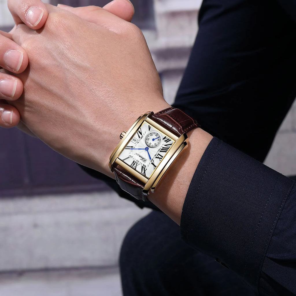2025 New Business Men's Watch Fashion Square Roman Numeral Dial Waterproof Brown Leather Male Casual Fashion Date Quartz Watches