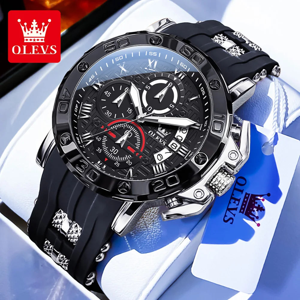 OLEVS 51mm Large Dial Quartz Watch for Men Silicone Strap Waterproof Luminous Auto Date Chrono Roman Numeral Scale Men's Watches