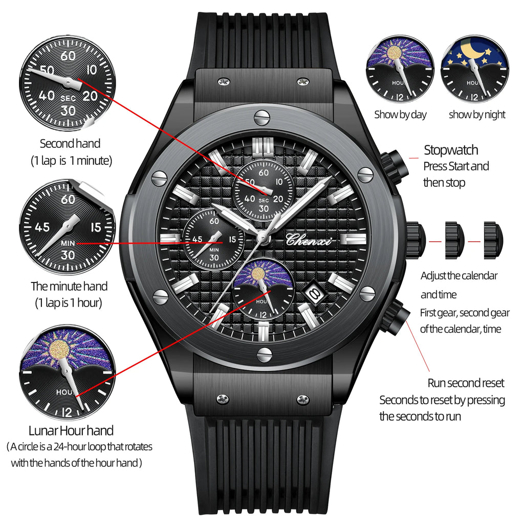 CHENXI Original Watch Quartz Waterproof Sports Watches Men Silicone Strap Chronograph Calendar Multi Functional Wristwatches