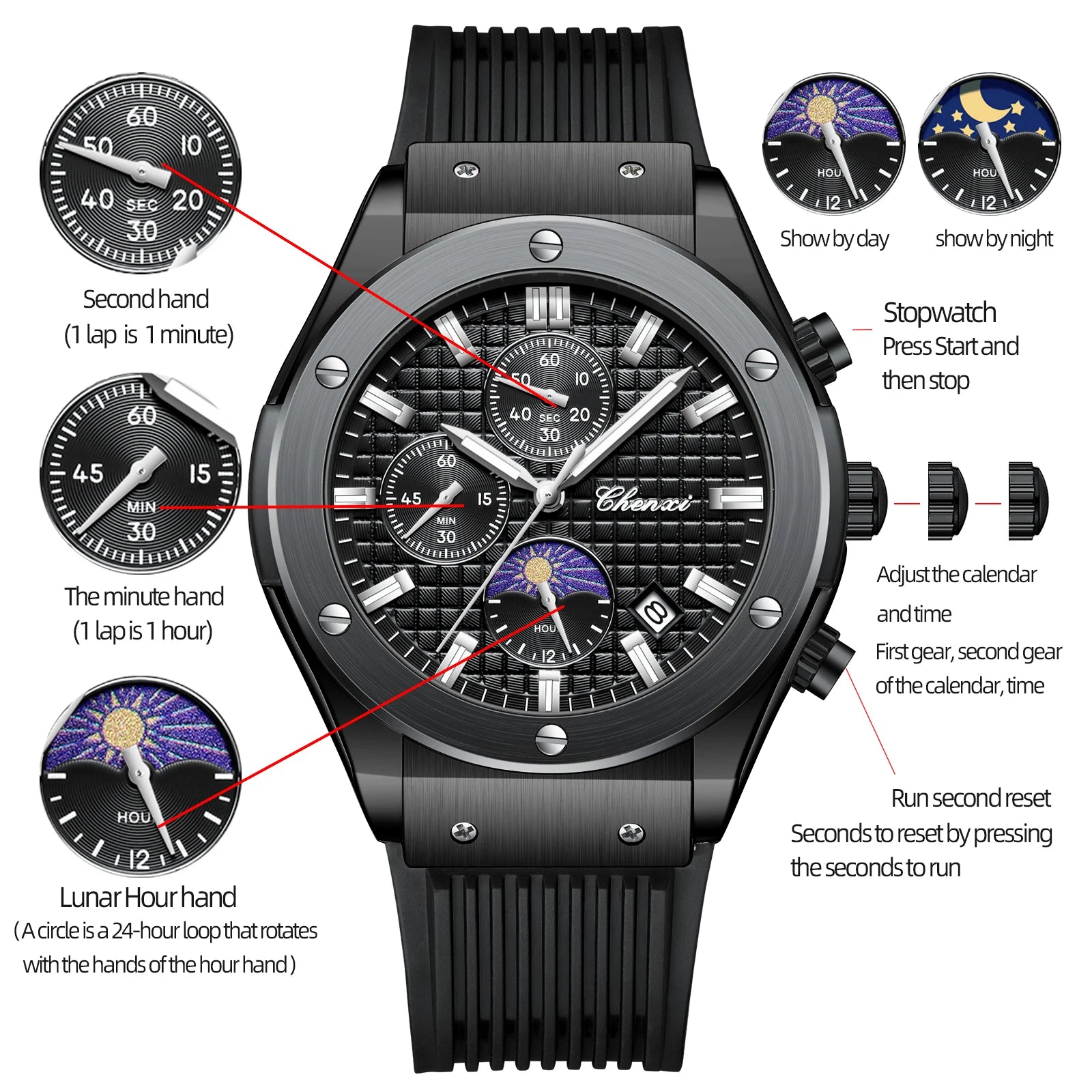 CHENXI Original Watch Quartz Waterproof Sports Watches Men Silicone Strap Chronograph Calendar Multi Functional Wristwatches
