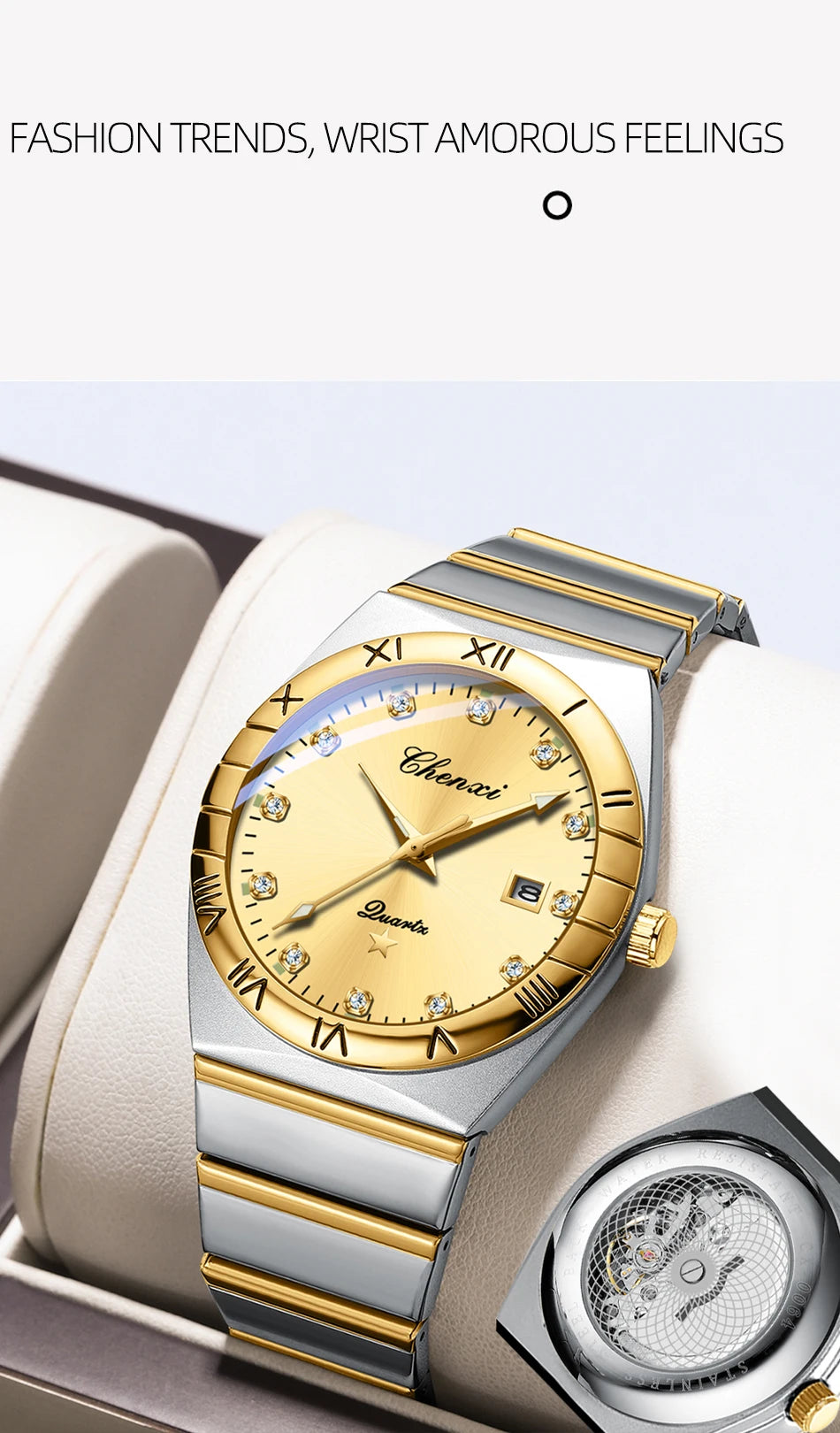 CHENXI Watches For Men Sweep Second Movement See-through Quartz, Waterproof Mens Watch Stainless Steel Golden Wristwatches