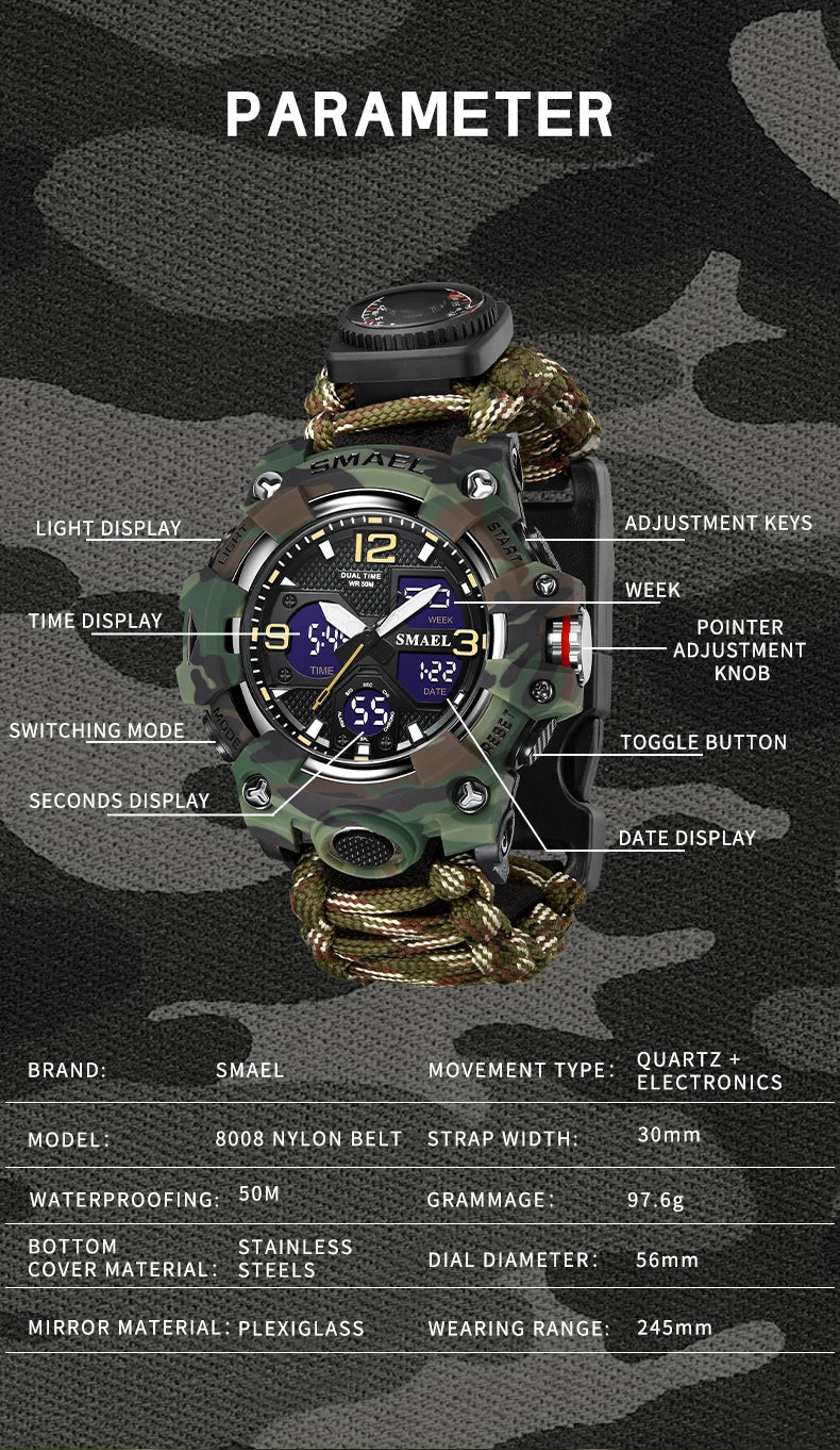 SMAEL 8008N Men's Military Sport Watch - 50M Waterproof LED Dual Time Alarm Stopwatch Compass SOS Shockproof