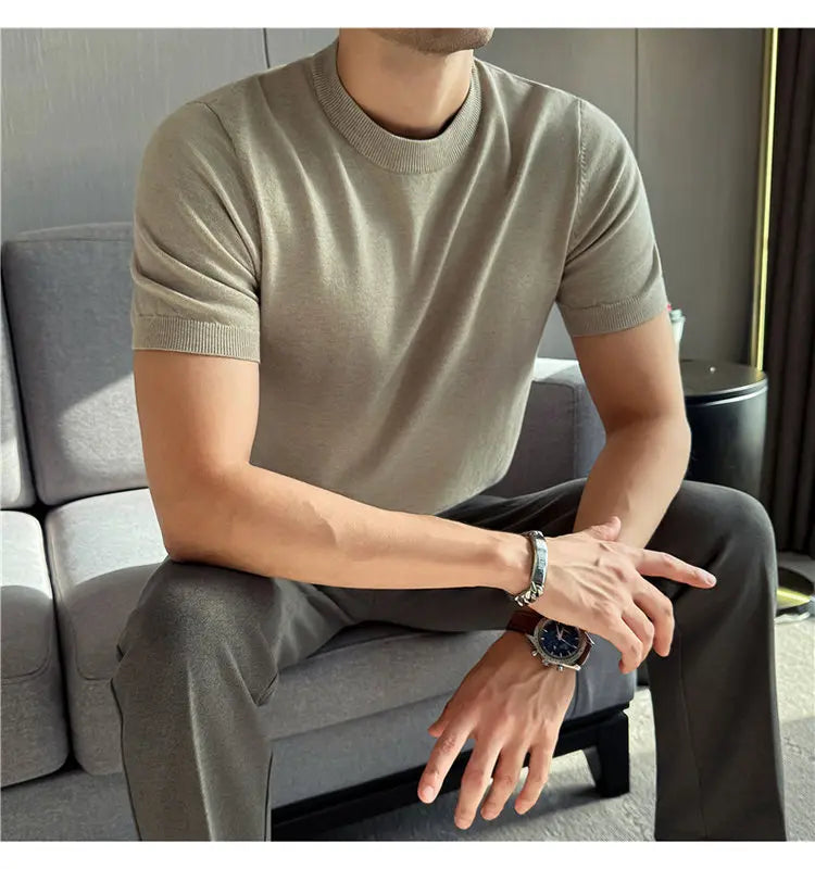 High-quality Men's Short-sleeve Knitted Sweater T-shirt O-Neck Solid Color Men Pullover T Shirts Slim Fit Stretch Undershirt Top