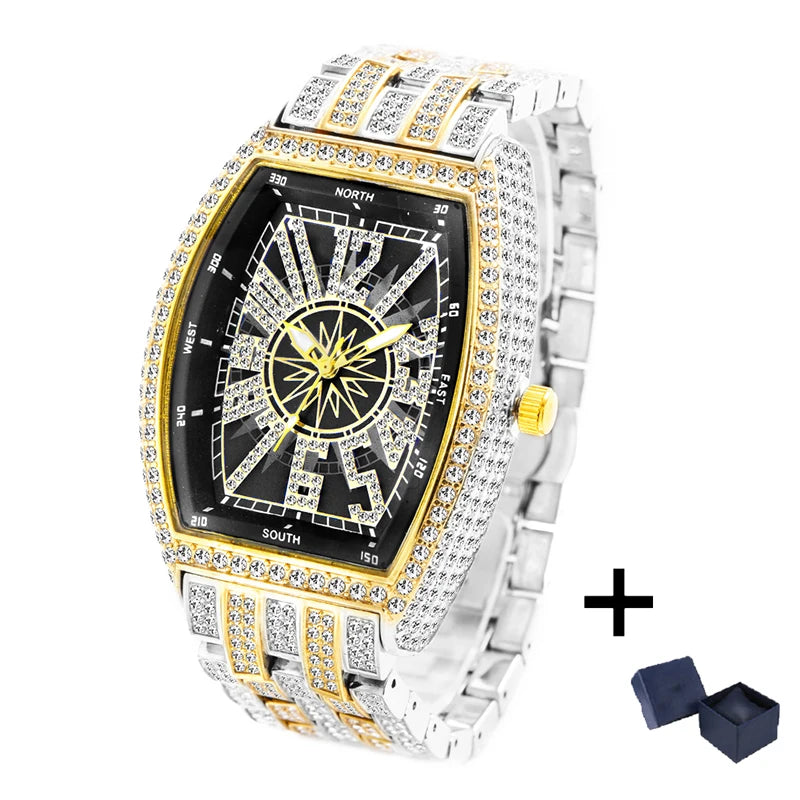 Luxury Gold Watches Men Brand MISSFOX Fashion Hip Hop lce Diamond Sun Pattern Literal Quartz Wristwatch Male Dropshipping Hot
