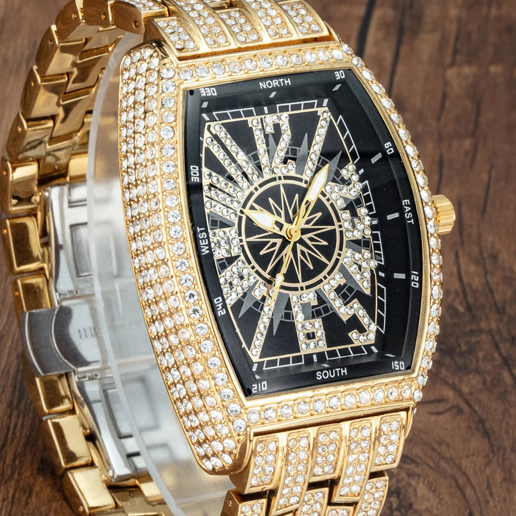 Luxury Gold Watches Men Brand MISSFOX Fashion Hip Hop lce Diamond Sun Pattern Literal Quartz Wristwatch Male Dropshipping Hot