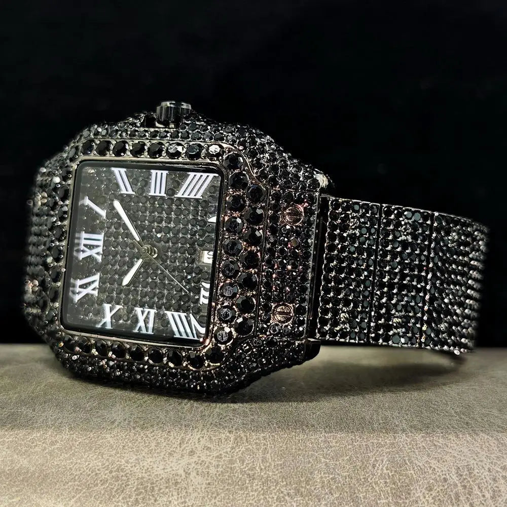 Cool Black Ice Watch For Men Brand UNIGUET Luxury Stainless Steel Quartz Timepiece Man Hip Hop Diamond Square Wristwatch New